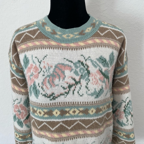 VTG 80s / 90s Jennifer Moore Knit Sweater - Floral Stripes - White Gold - MEDIUM - Picture 4 of 9